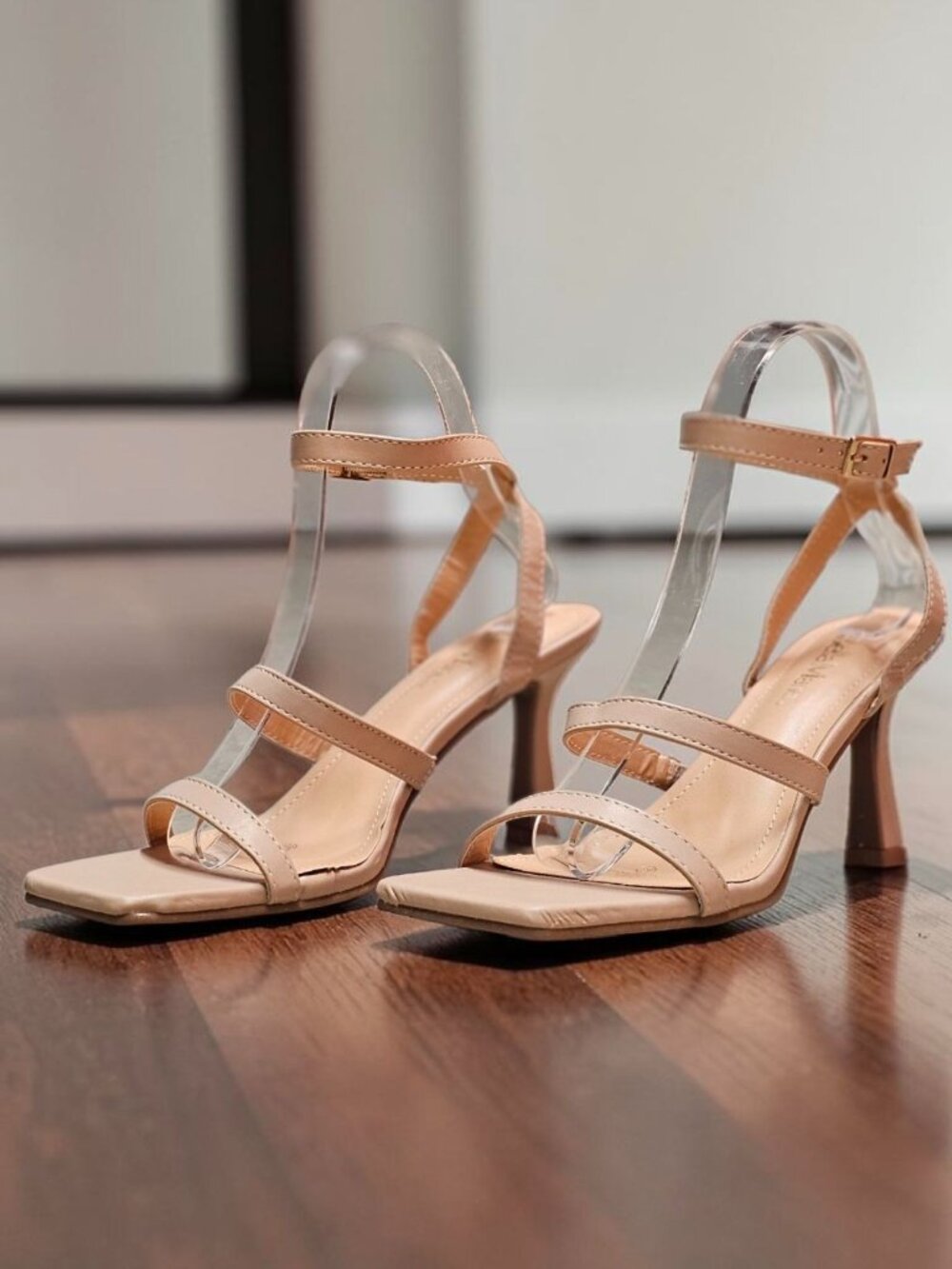 Strappy Nude Beige High Heel Sandals With Square Toe & Adjustable Ankle Strap Fo